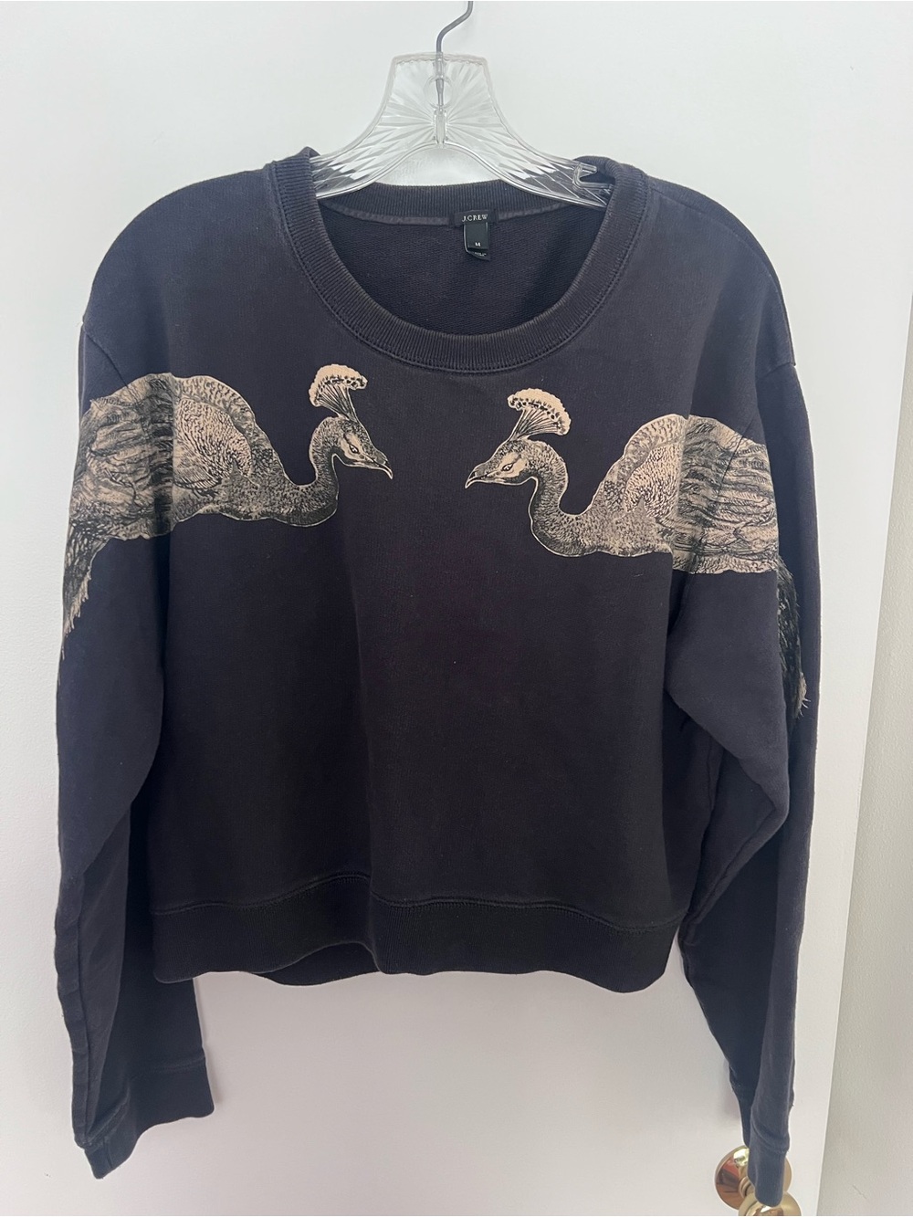 J. Crew Navy Crewneck Sweatshirt with Cream Peacock Motif